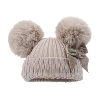 H678-BI: Biscuit Hat w/Pom Poms & Velvet Bow (0-12M)